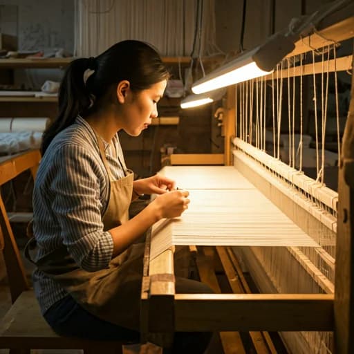 An artisan weaving fabric on a wooden hand loom