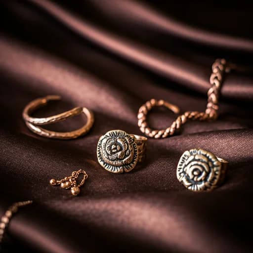 Handcrafted copper and gold jewellery arranged on silk