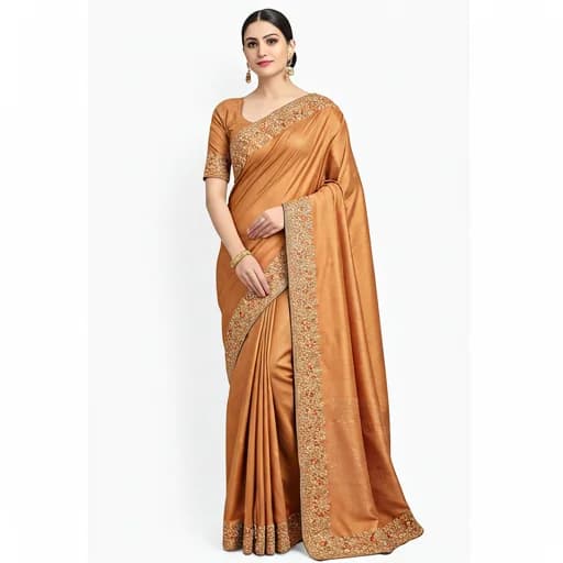 Woman wearing a copper embroidered silk saree with modern draping